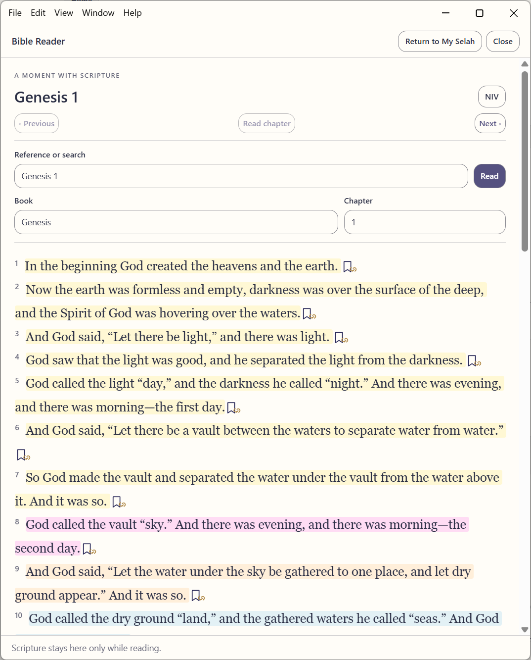 MySelah 2.0 development preview of the Bible Reader showing Genesis 1, book and chapter selectors, reference search, and highlighted verses in a portrait window.