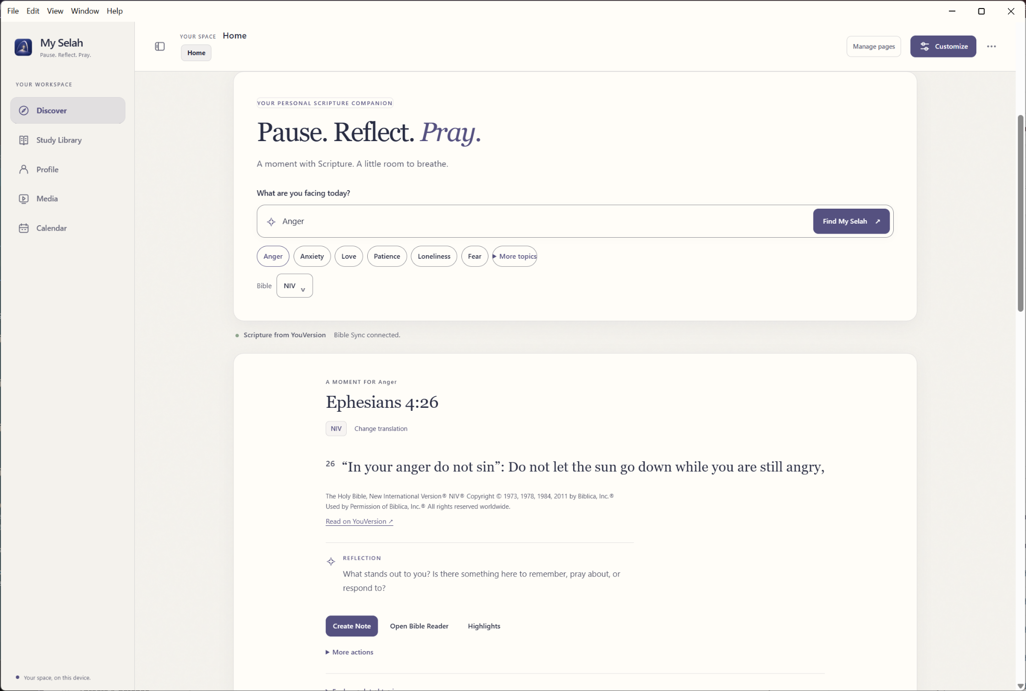 MySelah 2.0 development preview of Discover & Read, with topic choices, Ephesians 4:26, reflection prompts, and actions to create a note or open the Bible Reader.