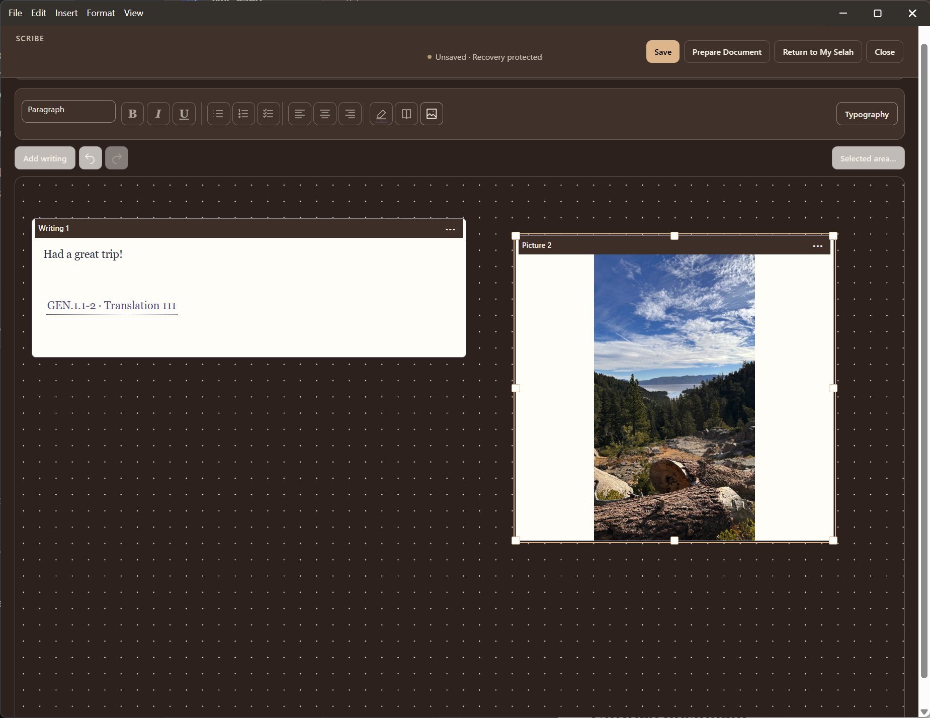 MySelah 2.0 development preview of Scribe Canvas, with a writing block, linked Scripture reference, picture block, and editing toolbar on a dotted canvas.