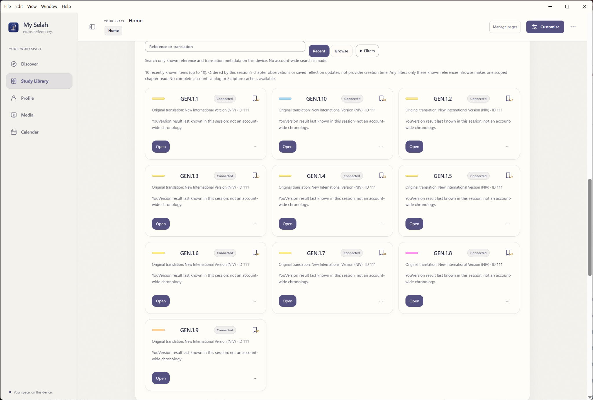 MySelah 2.0 development preview of Study Library, with recent Scripture reference and translation cards, plus Browse and Filters controls.