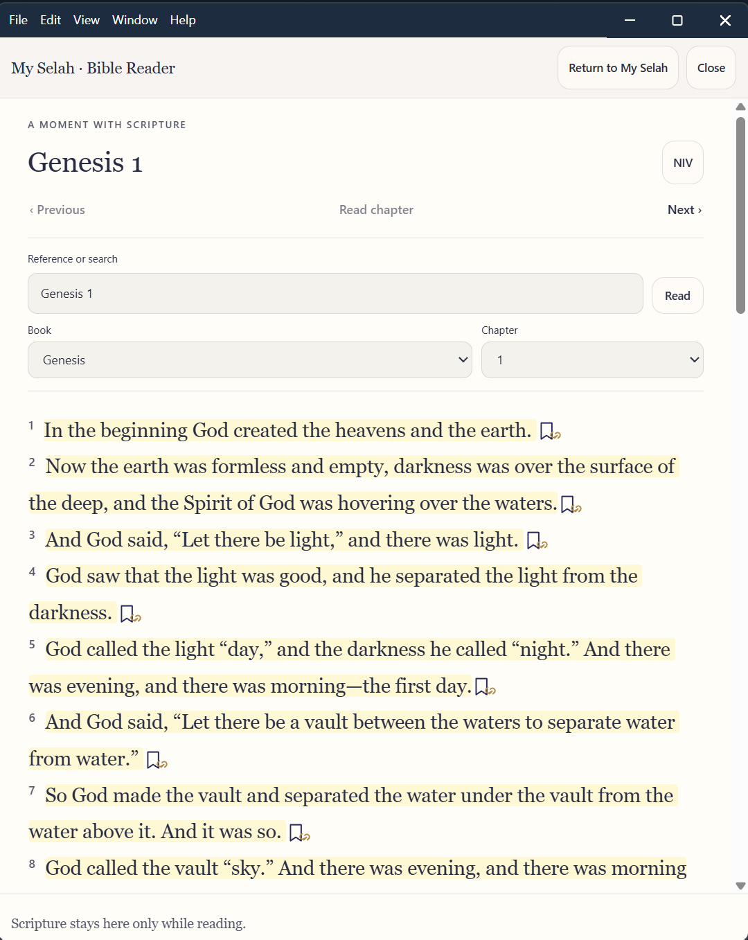 Detached My Selah Bible Reader displaying Genesis chapter 1 with translation controls and highlighted verses.