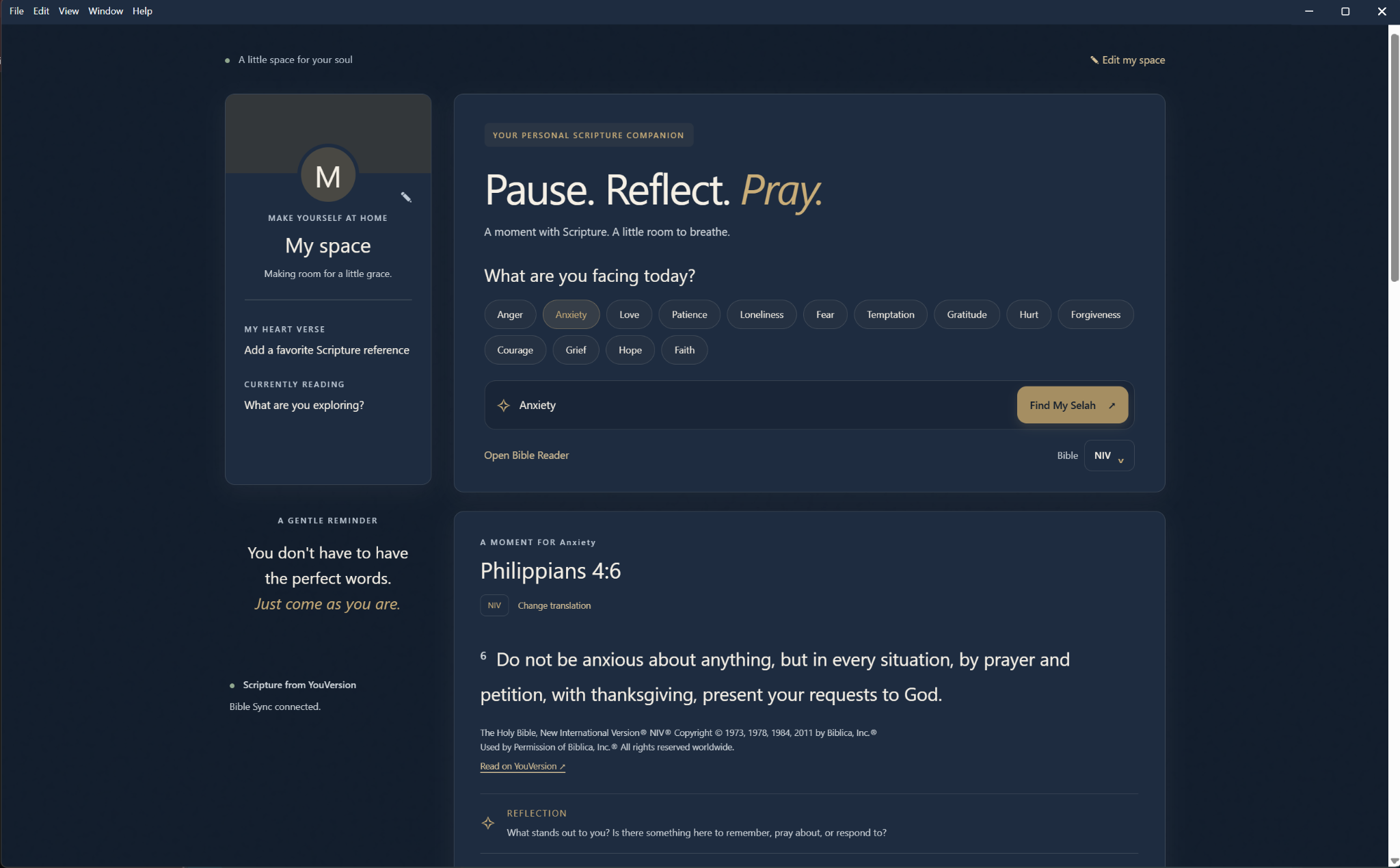 My Selah Discover and Read workspace showing Scripture discovery, Philippians 4:6, and reflection in a dark theme.